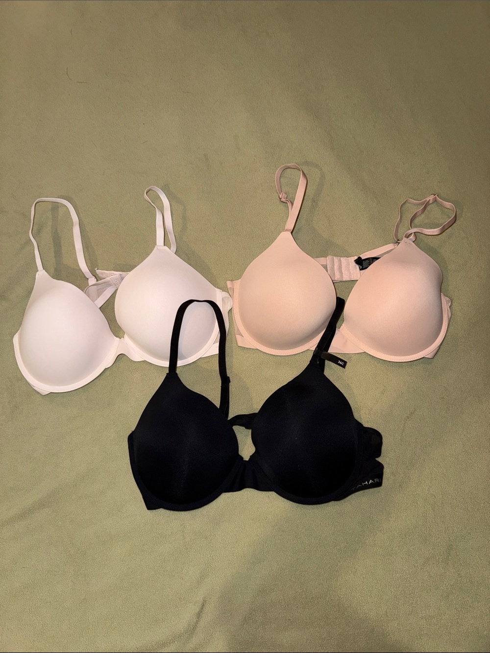 Tahari 3-Pack Smooth padded underwire bras in White, Nude, and Black size 36C